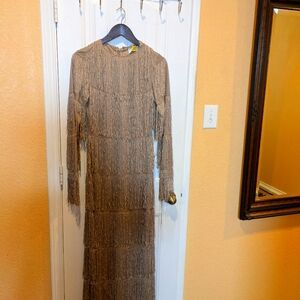 ASOS Long Sleeve Fringe Maxi Dress in Taupe